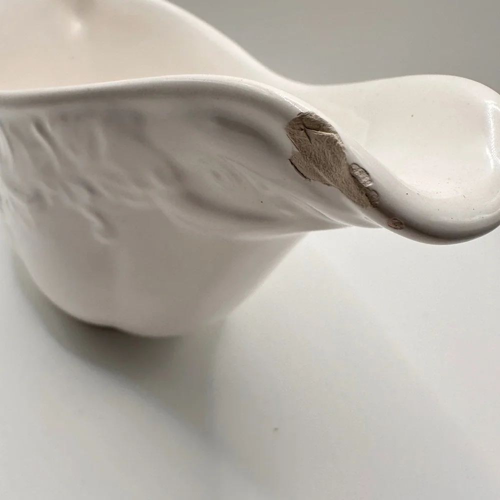 FP Fapor Portugal Home White Ceramic Gravy Boat Embossed Scroll Made in Portugal